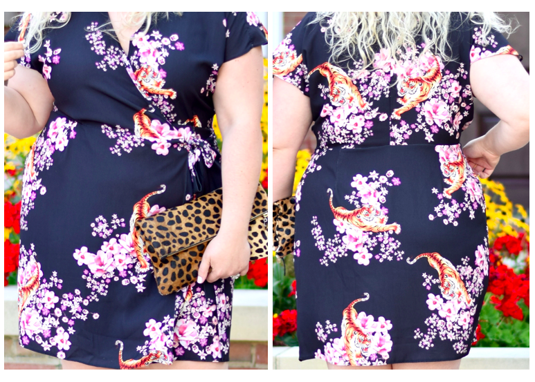 Yours Clothing dress review and how to find the correct size when ordering. Plus Size Wrap Mini Dress with Tigers and Cherry Blossom print. 
