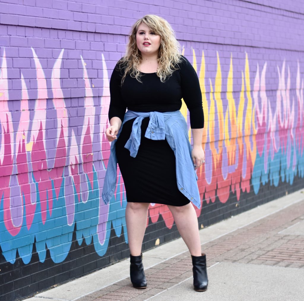 Accessorizing a Little Black Dress. Sharing how I styled one of my all time favorite LBD's with a chambray around the waist and some leather booties. 