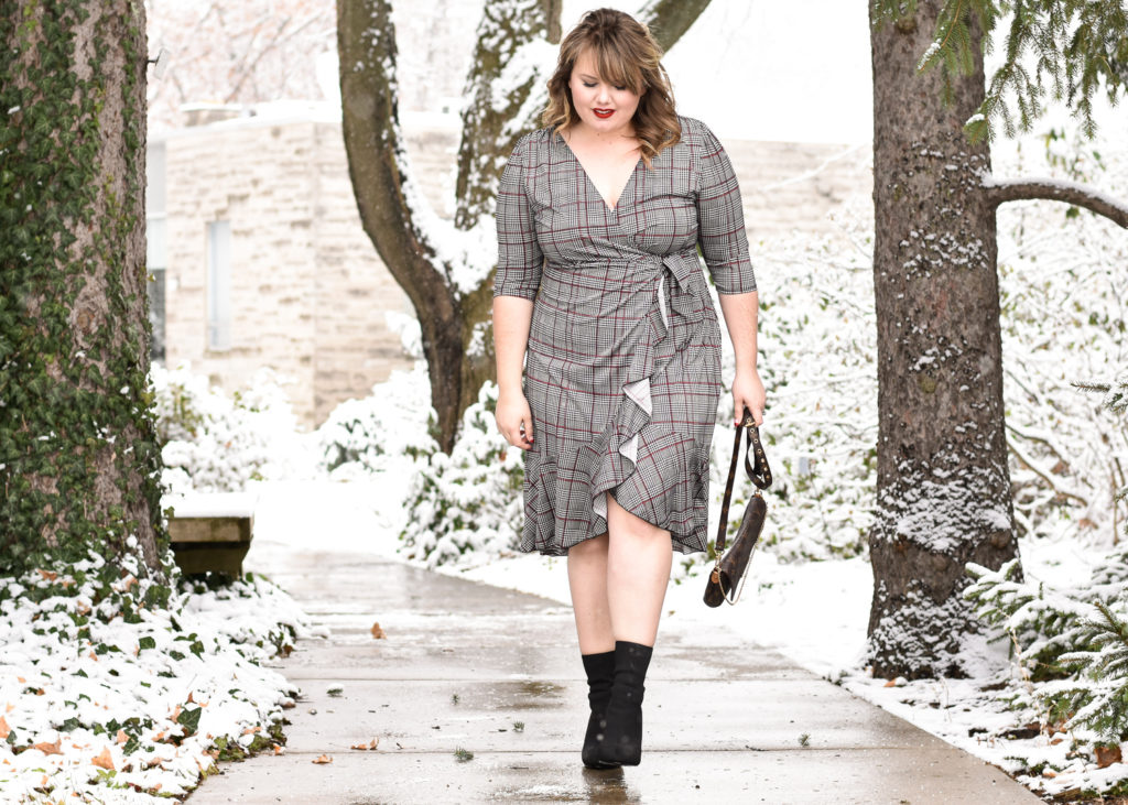 Trend Spotlight : Kiyonna Plaid Edit. This post features the Flirty Flounce Wrap dress by Kiyonna, with a review, inspiration photos and how to style! 