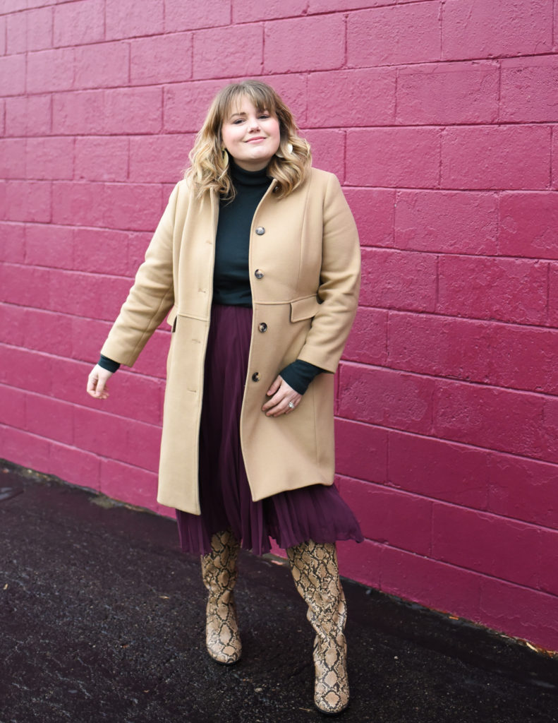 Plus Size Holiday Outfit. Sharing a chic holiday outfit that works well in colder temperatures and features a chic snakeskin boot! 