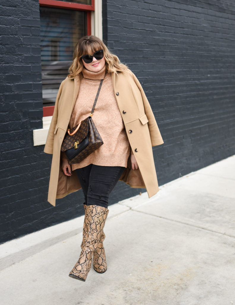 Plus Size Camel Coat Outfit. Sharing how chic a camel coat can look by styling with similar warm tone browns and tans! Perfect for cold winter days.
