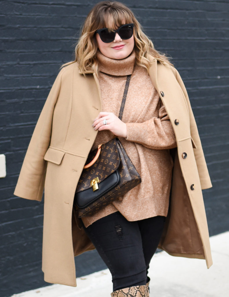 Styling a Plus Size Camel Coat. Sharing how chic a camel coat can look by styling with similar warm tone browns and tans! 