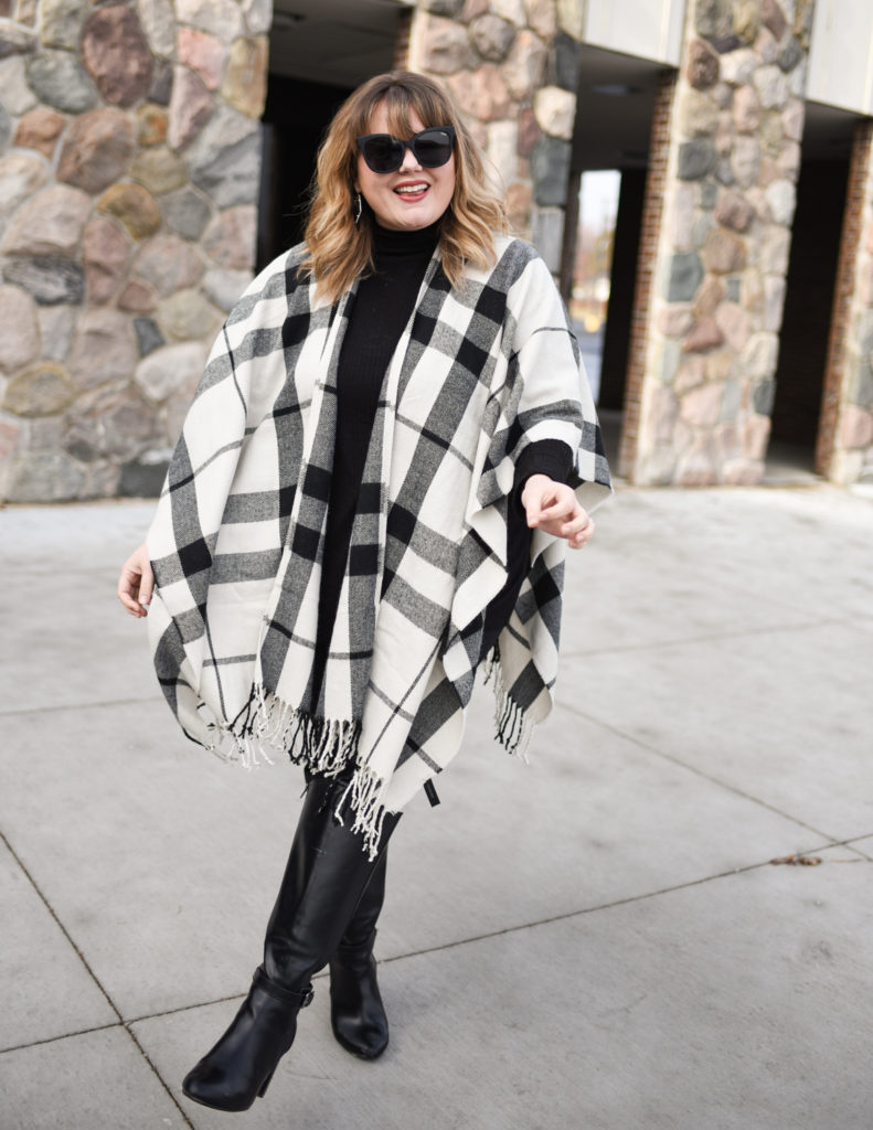 Chic Winter Outfit. Sharing an easy and stylish winter outfit that you can wear from now and into spring! Layering a poncho over leggings and a tee. 