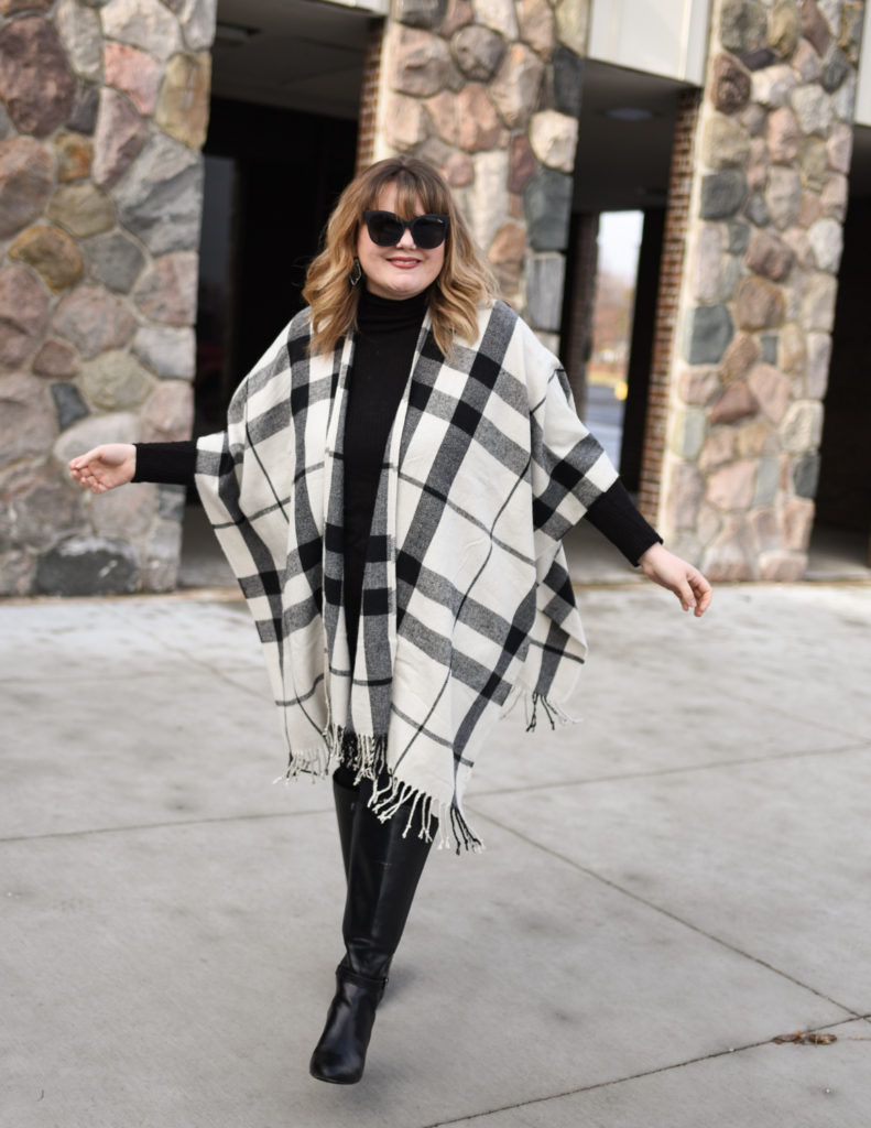 Chic Winter Outfit. Sharing an easy outfit to put together and style through the winter months. Style a poncho over leggings, boots and a long sleeve tee! 