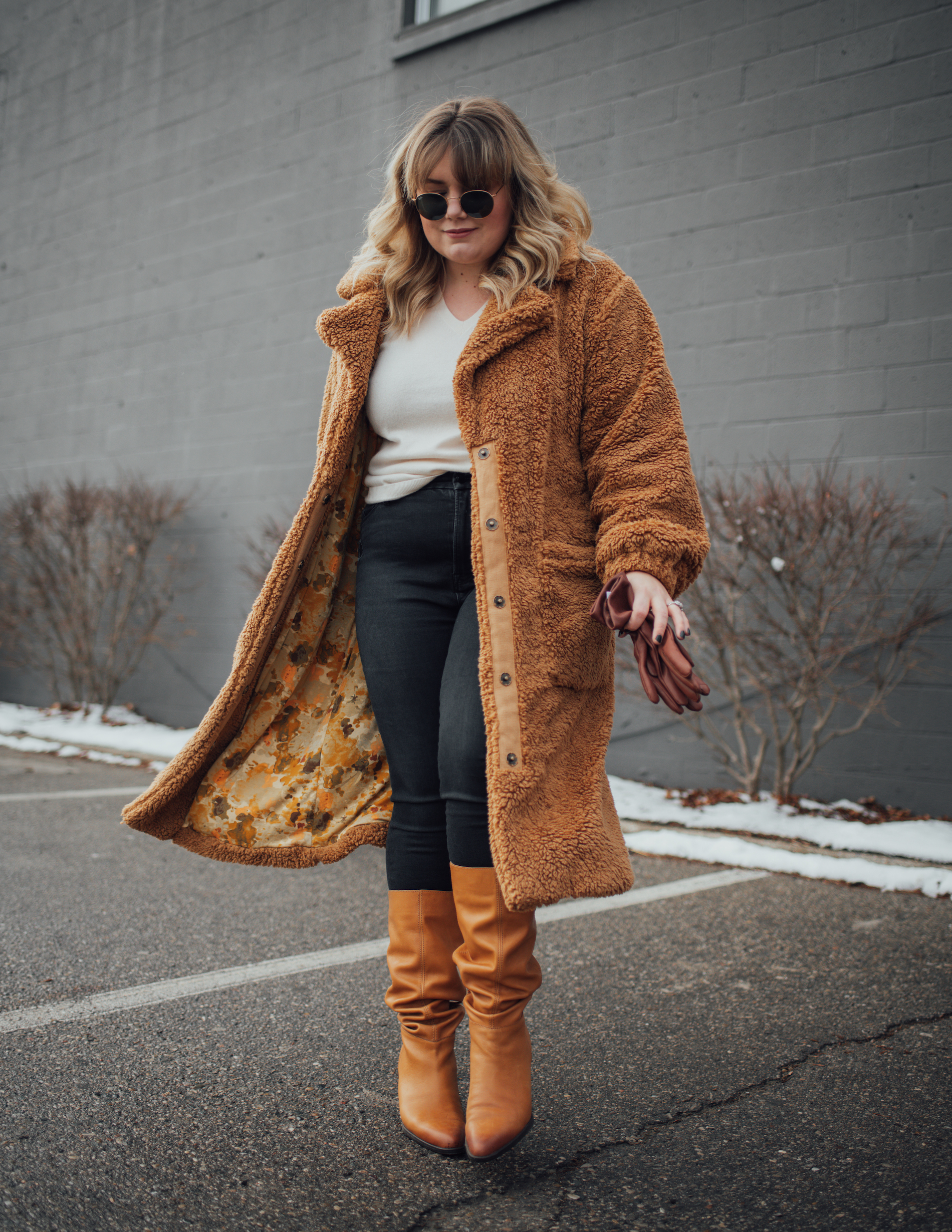 Dressing With Joy This Winter. Sharing a chic teddy bear coat look that coordinates perfectly with boots and gloves! 