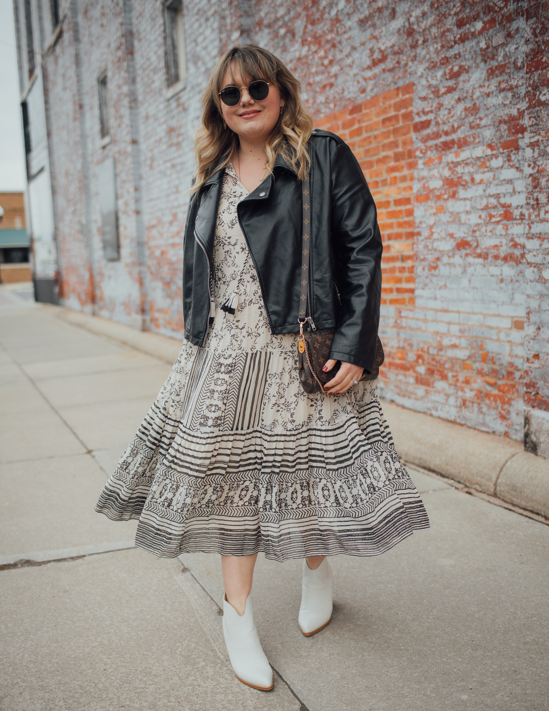 Spring Outfit Formula To Try. Today I am sharing an easy and chic plus size outfit formula to try out, a moto jacket + boho dress + booties! 