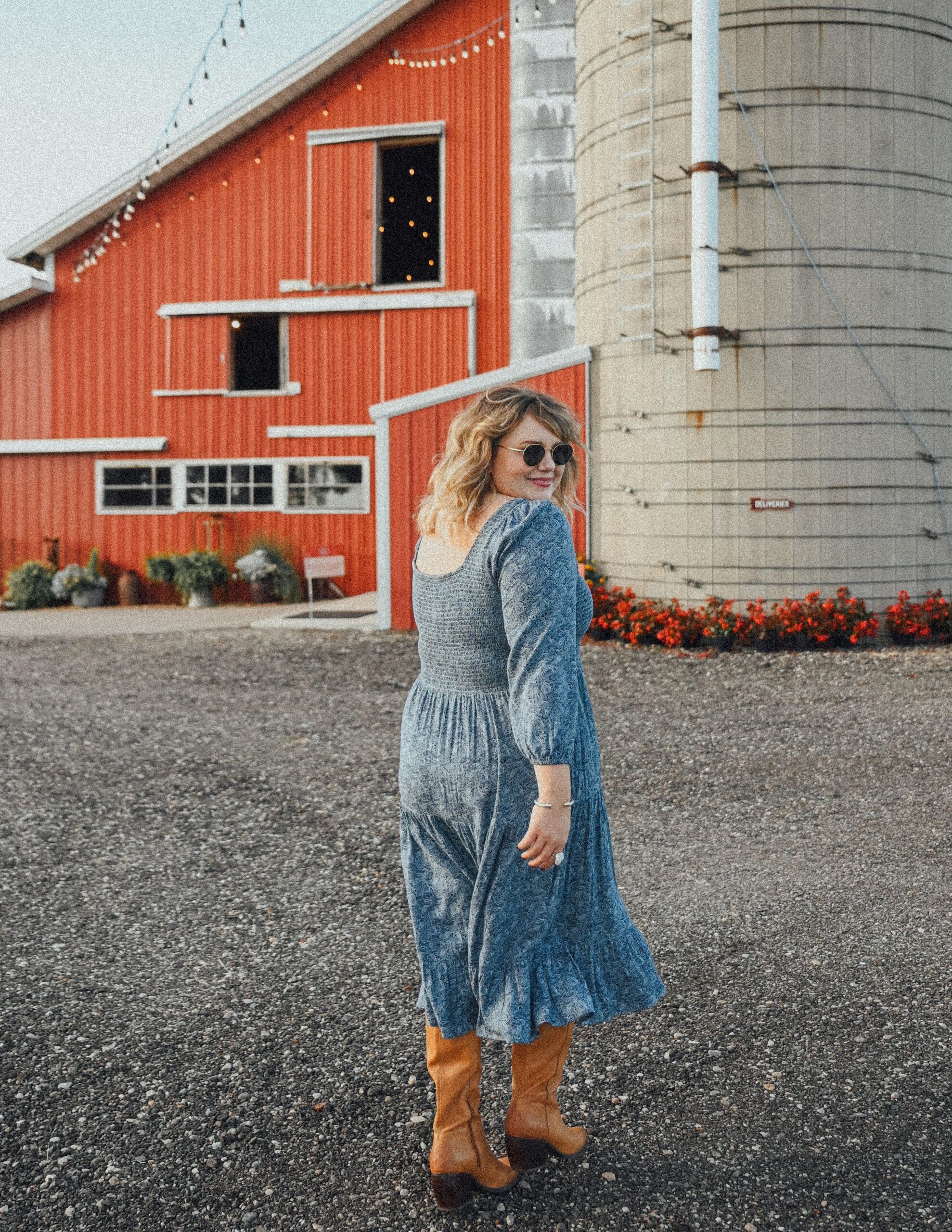 Fall dress, plus size fall dress, wide calf boots styled with a fall dress, blue smocked dress worn with tall boots.